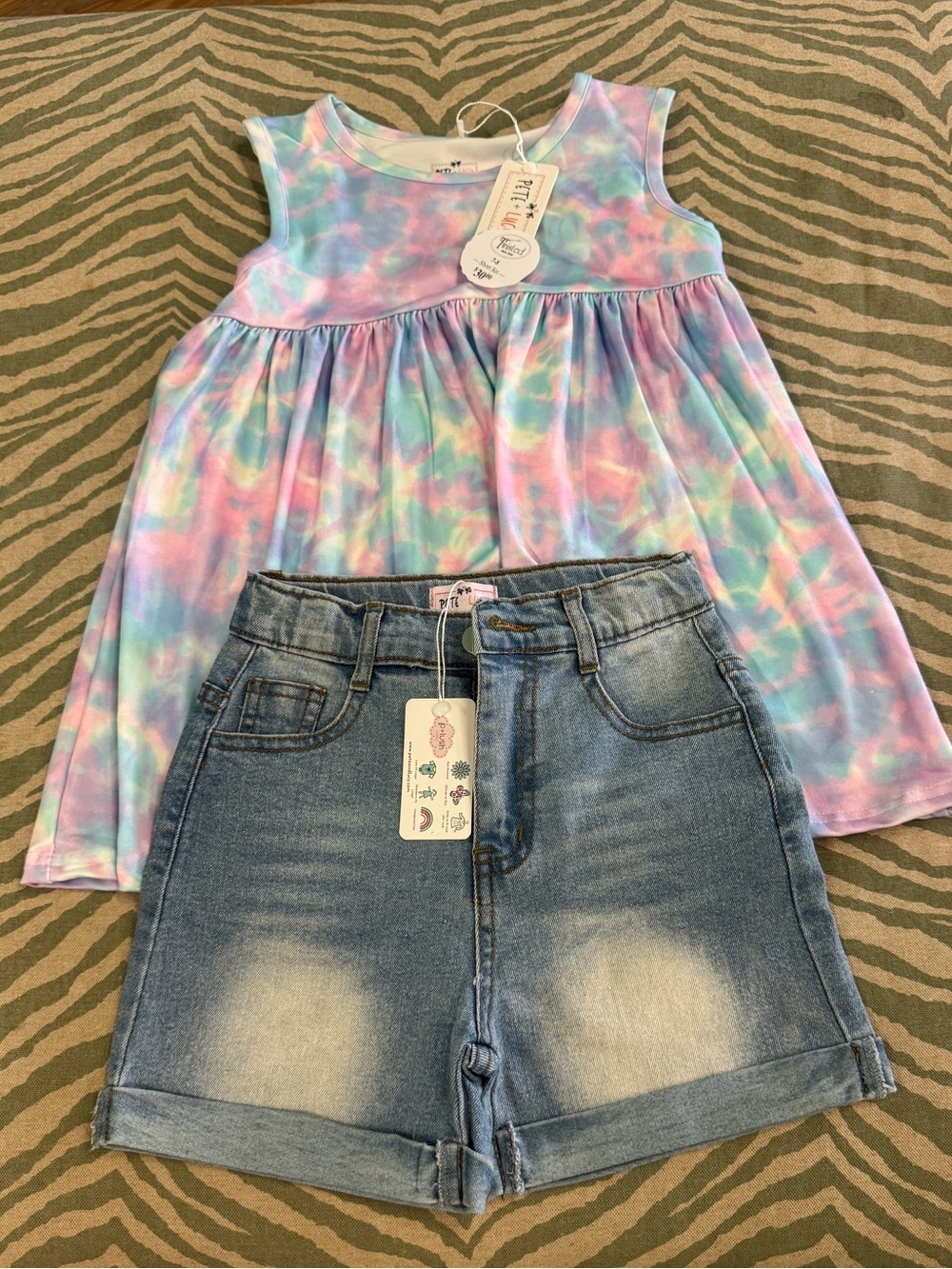 Kids Tie-Dye Pastel Tank Top with denim shorts - Soft Pink, Purple, Blue, Mint